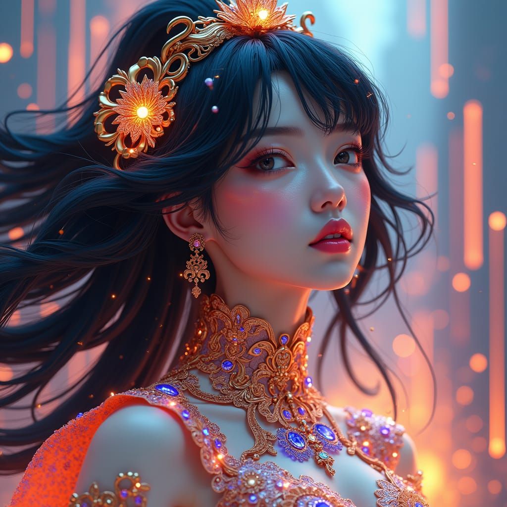 Hyperrealistic portrait of a beautiful woman wearing intricately detailed colorful clothing and futuristic jewellery with snakes around