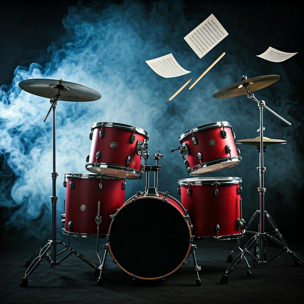 Sleek Professional Drum Kit in Smoky Studio with Music Sheet...