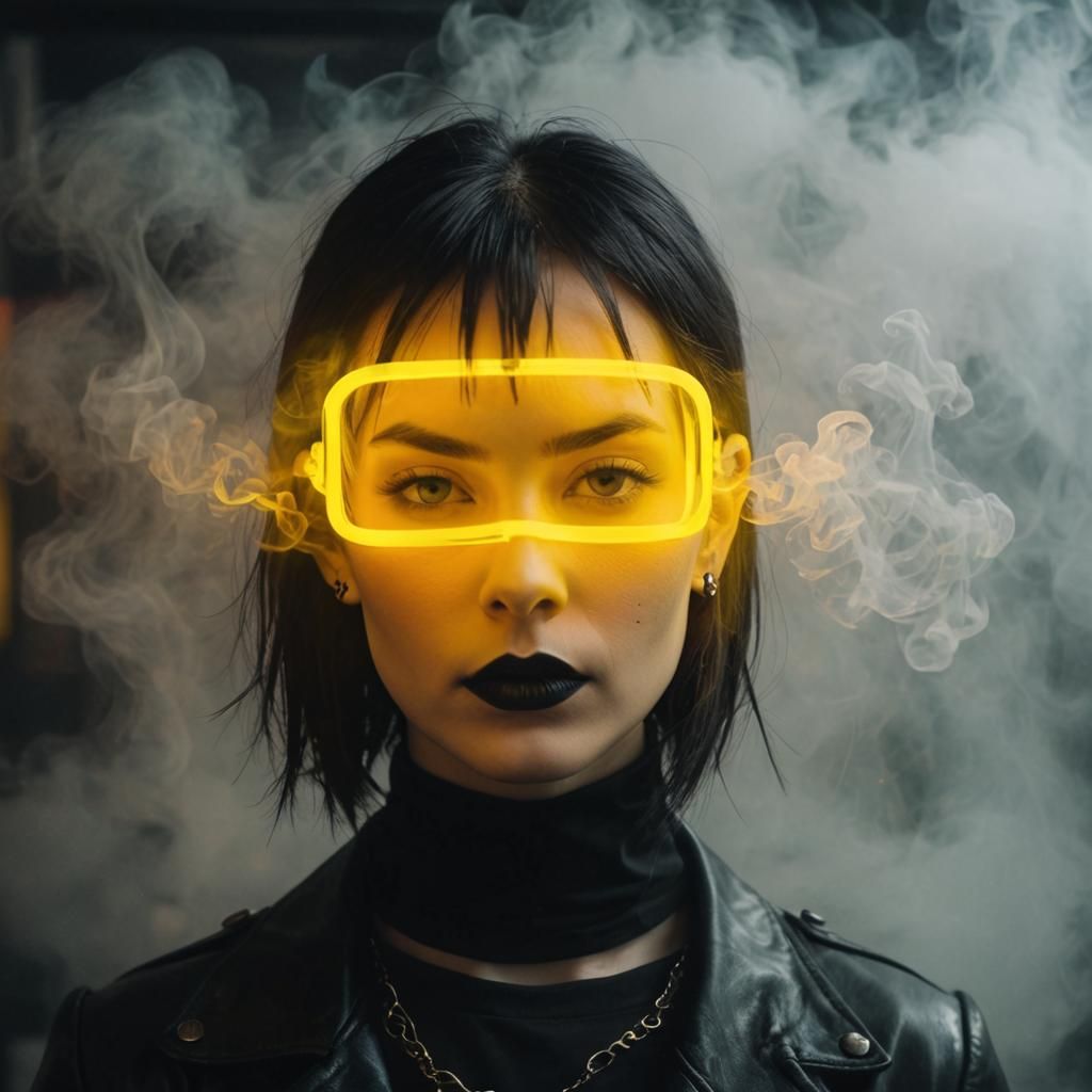 intense yellow neon. fog. smoke. female goth fashion model. goth coffee