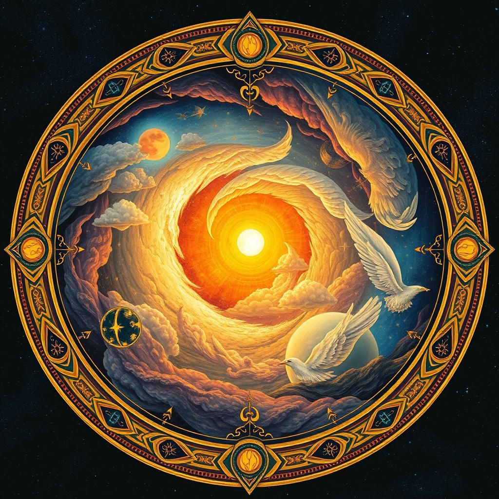 a dream vision of a moon and sun merging, intricately designed circular