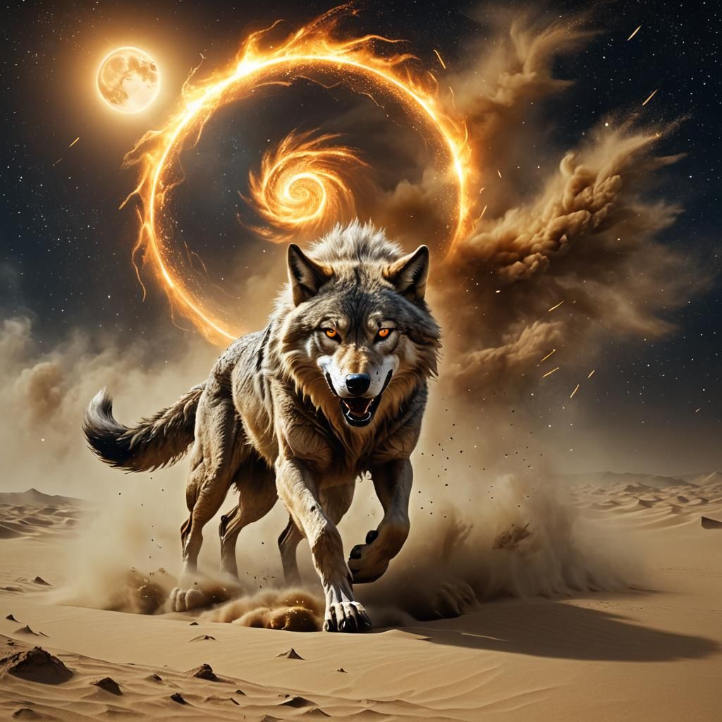 A huge sand wolf with feery fire - AI Generated Artwork - NightCafe Creator