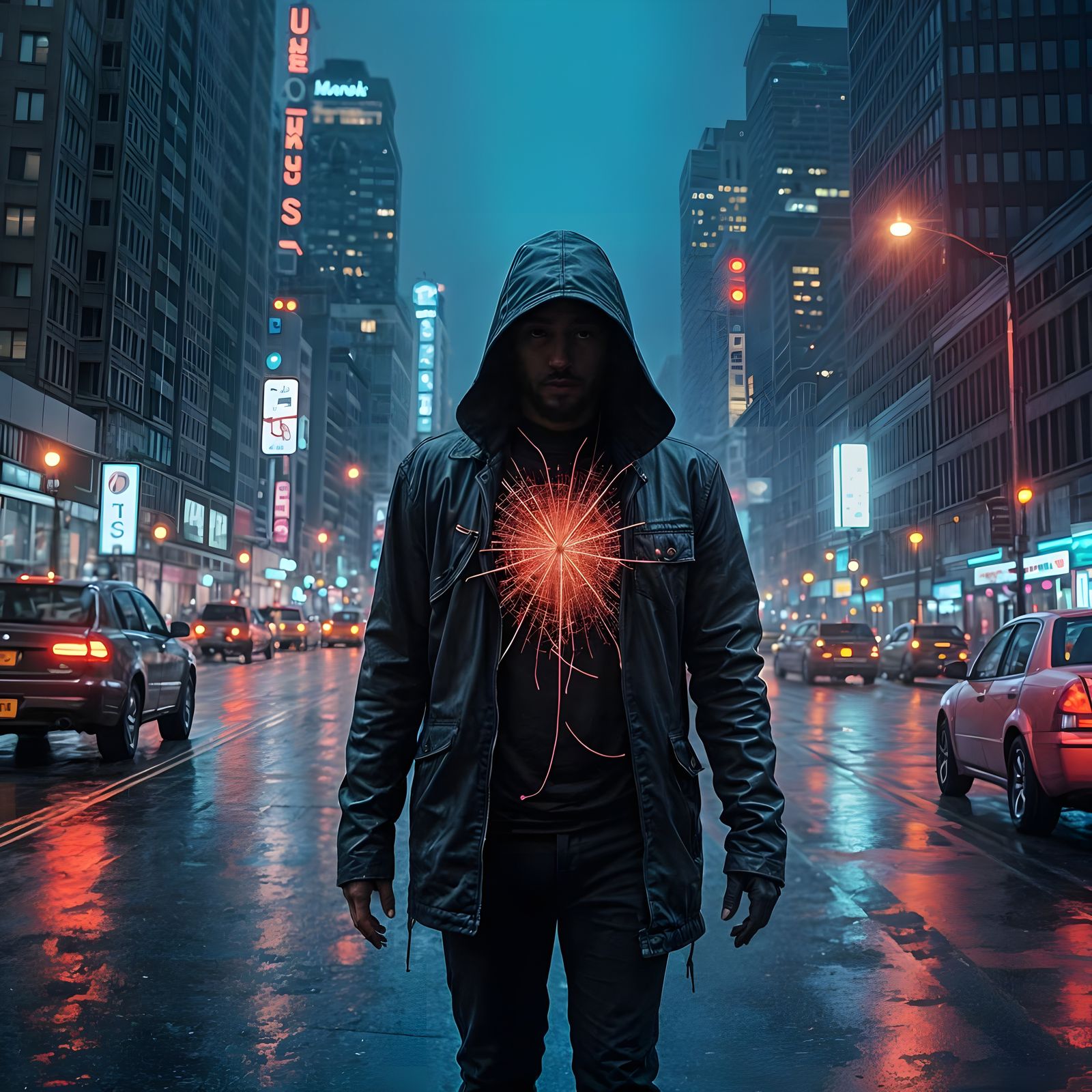 Neon Cityscape at Night in Deep Blues and Magenta