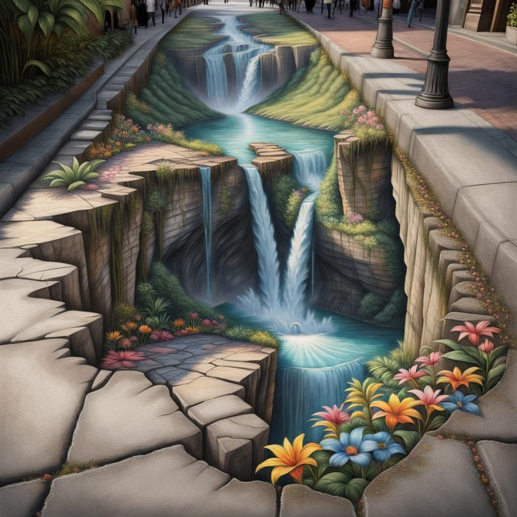 Waterfall Gorge 3D Illusion Chalk Art  by @Tektonten