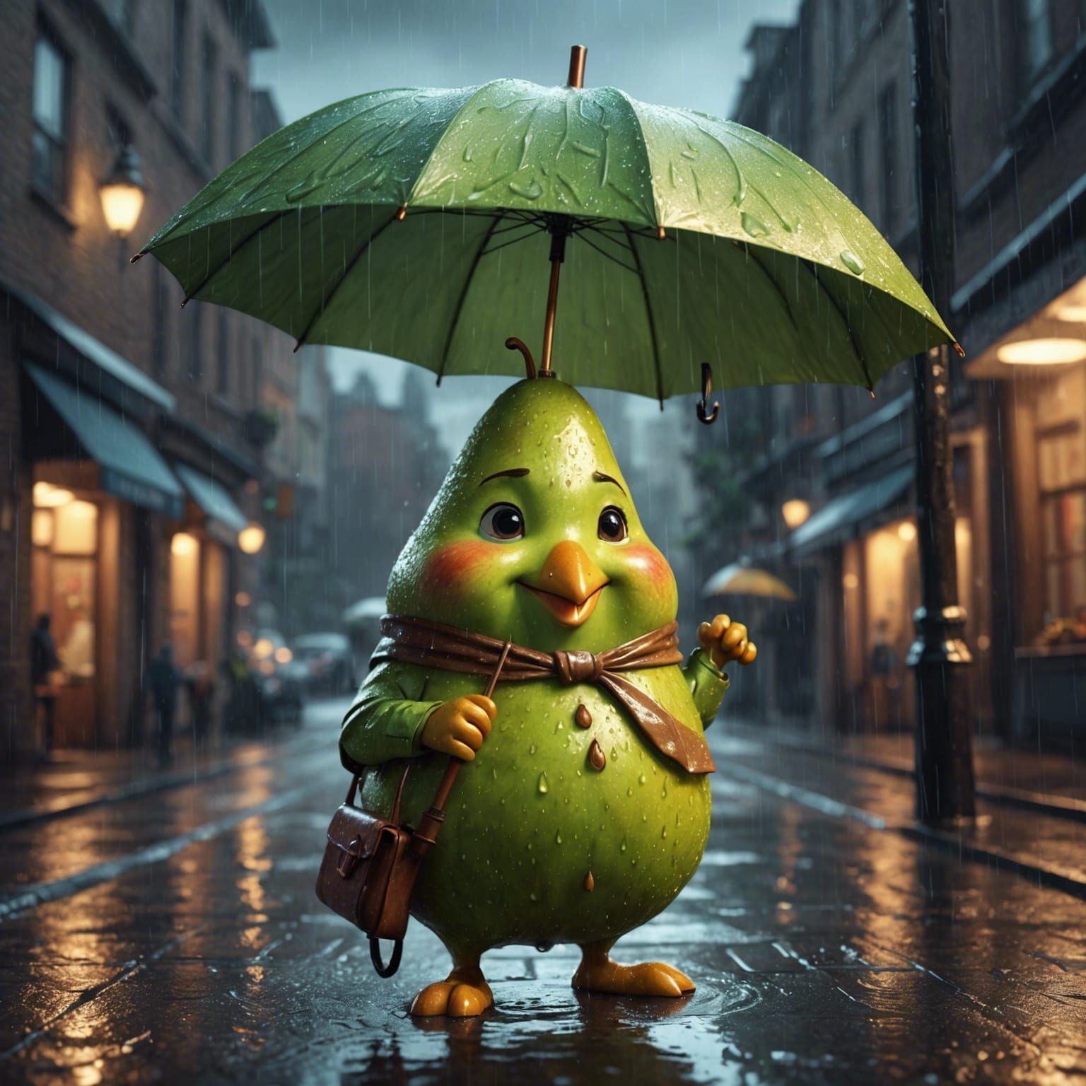 Adorable Pear Umbrella in the Rain, Moody Concept Art