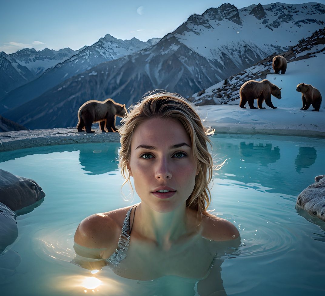 pool + snow + woman + bears