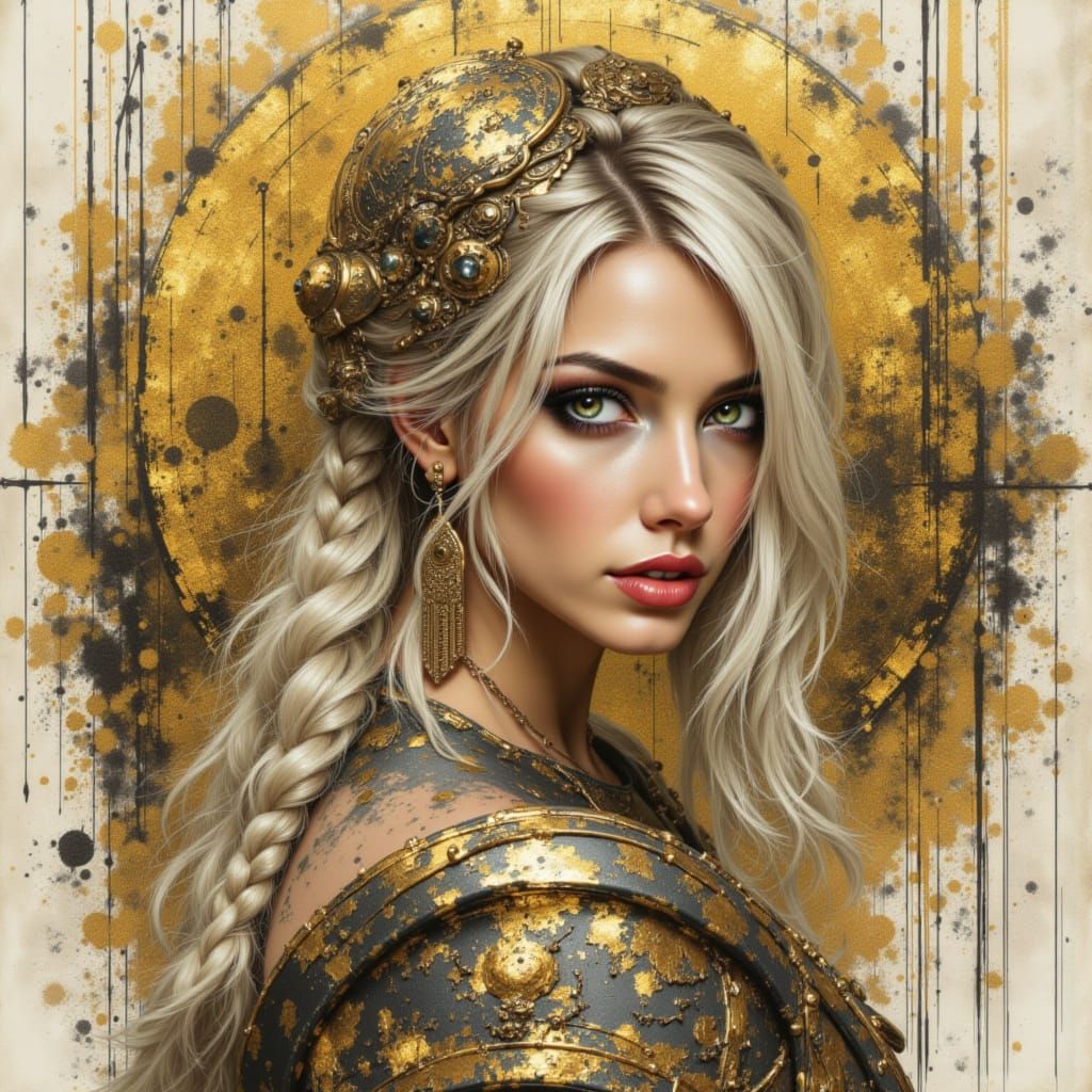 Ma linn white <lora:Accu:1.0> and gold water ink inspired art, a head and shoulders portrait of a Norse woman with braided hair posing seduc...