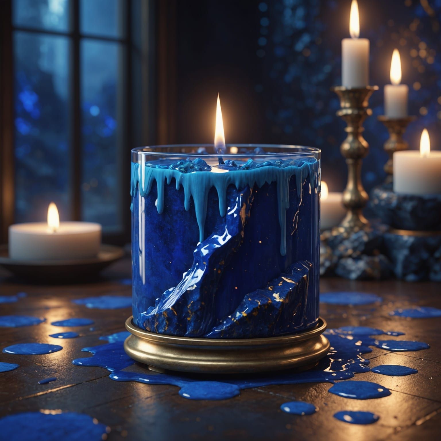 Lapis Lazuli stone melting into a vibrant blue liquid in a candle lit room. 