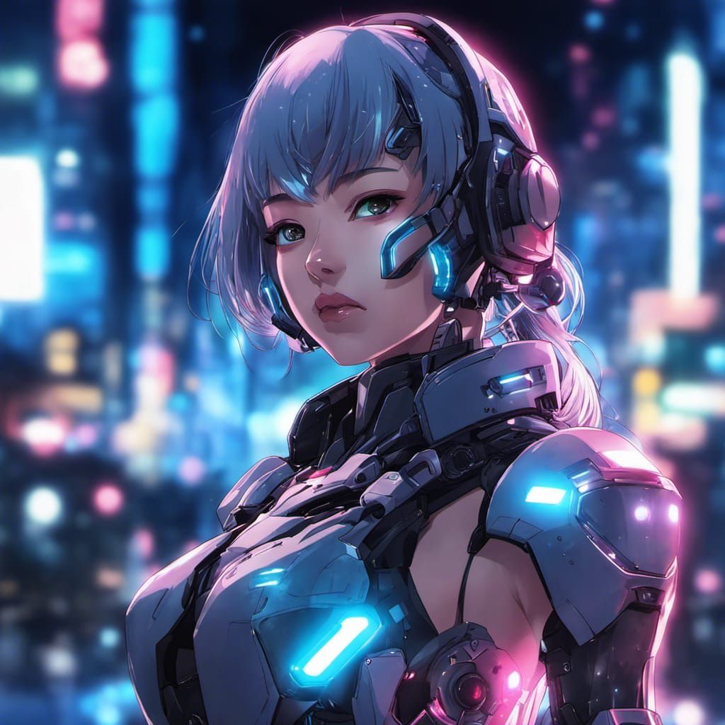 Portrait of a cyborg girl wearing futuristic face armor in a neon city at night