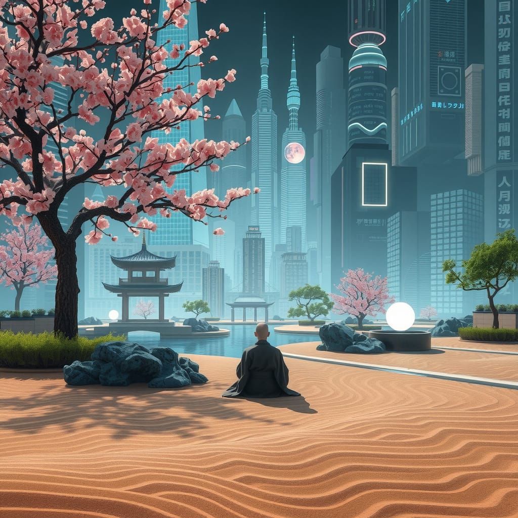 Cyberpunk Zen Oasis in a Futuristic Metropolis