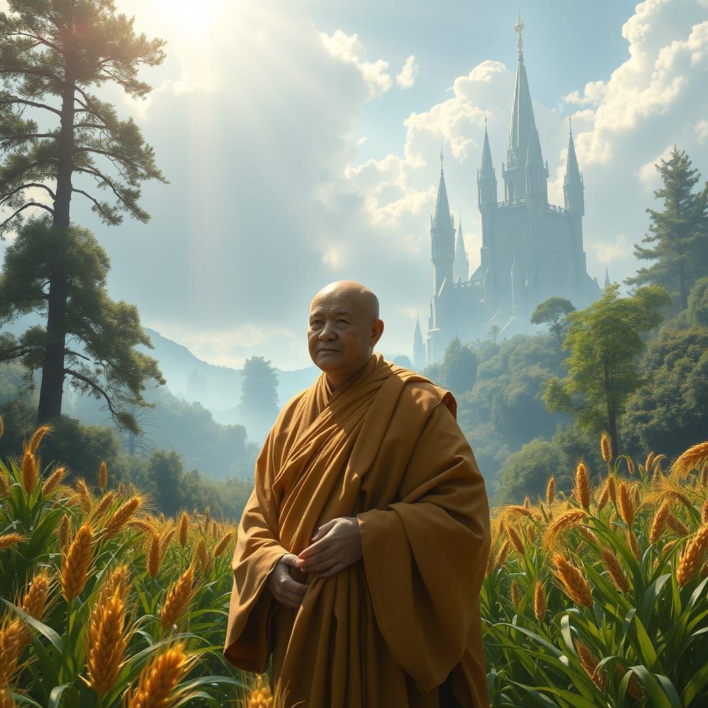 Serene Monk in Lush, Vibrant Landscape, Heavenly Energy