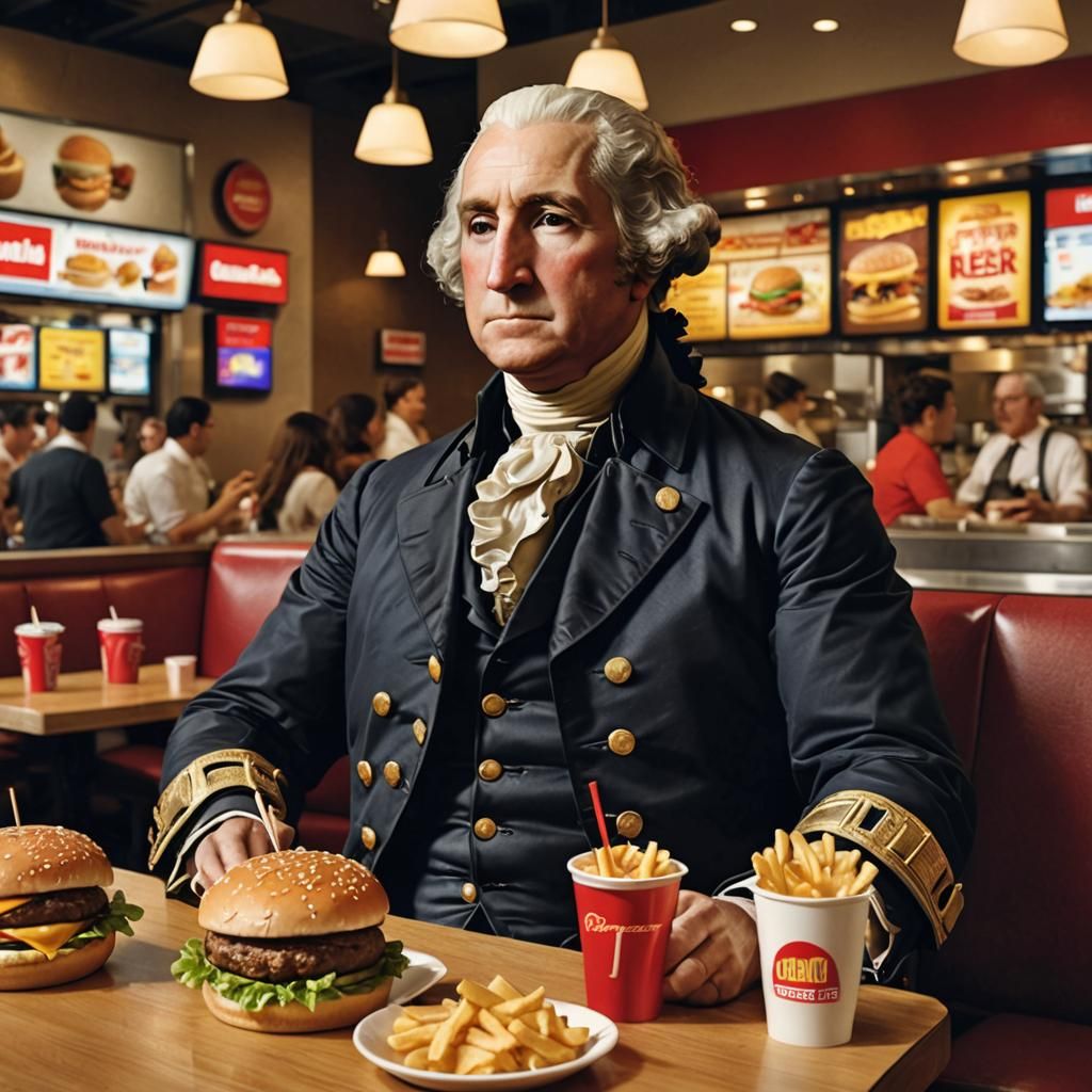 George Washington sitting in a fast food restaurant - AI Generated ...