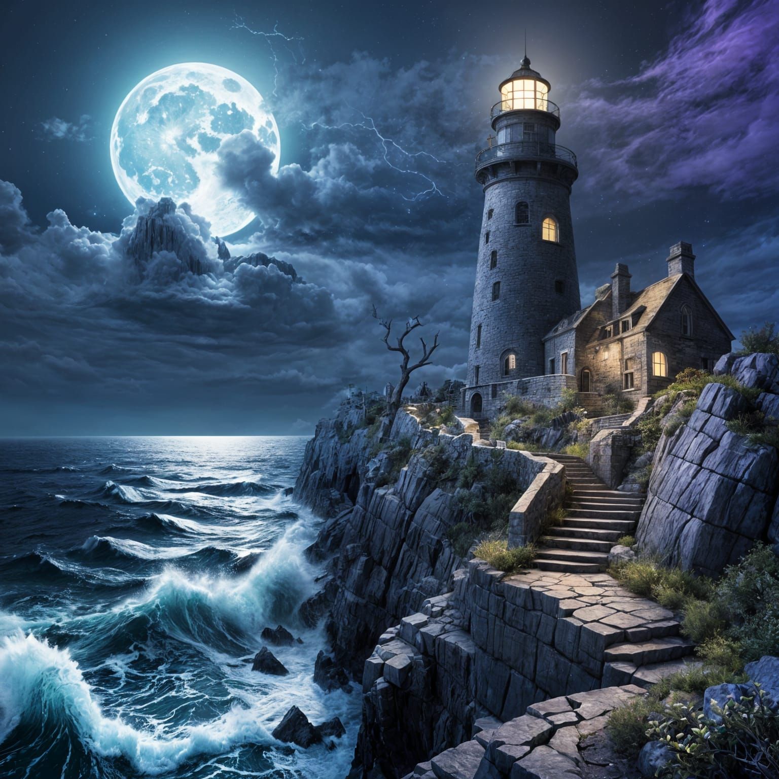 A lighthouse stands on a rocky coast, battered by waves. A celestial wolf with scales howls at the full ...  by @BlackPrincess