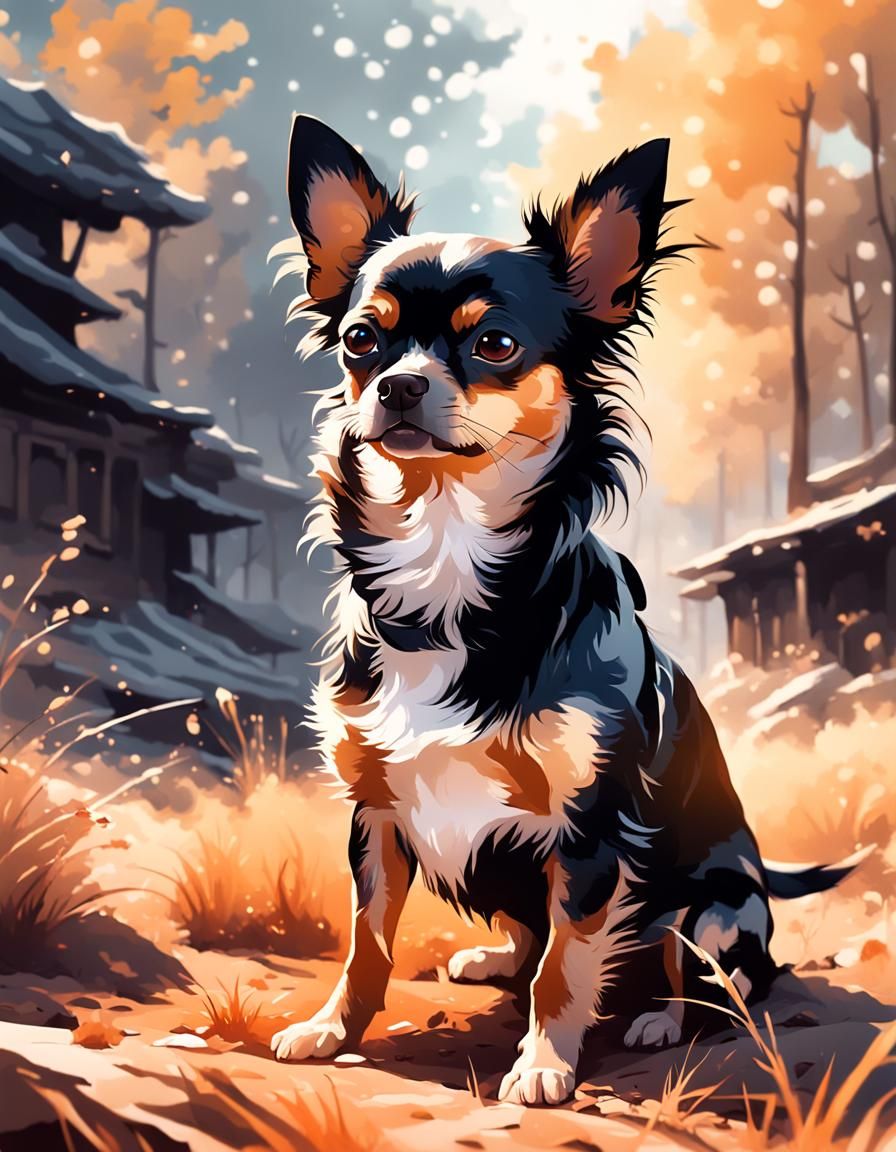 Surreal Watercolor Painting of a Chihuahua in Deep, Dark Env...