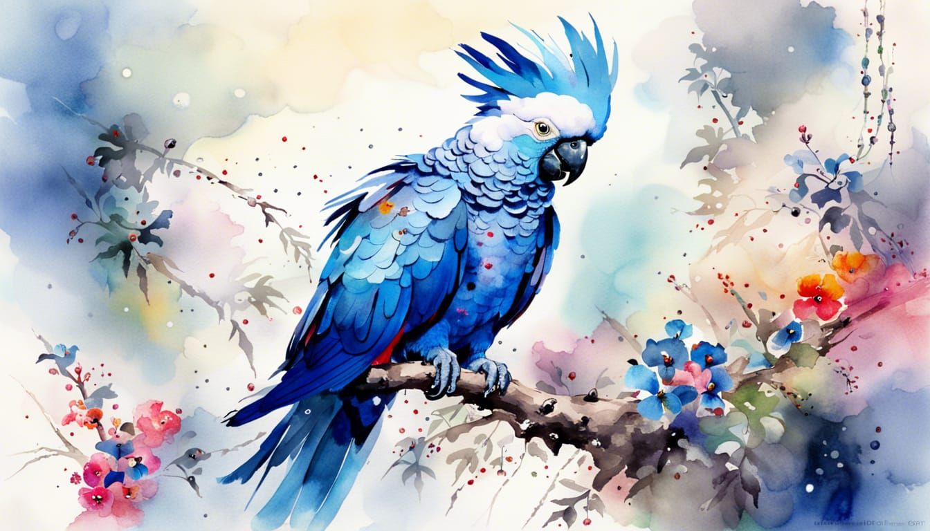 Traditional Japanese sumi-e watercolor Glossy, sparkling blue cockatoo perched on a vine-covered branch, ...  by @Spearmint
