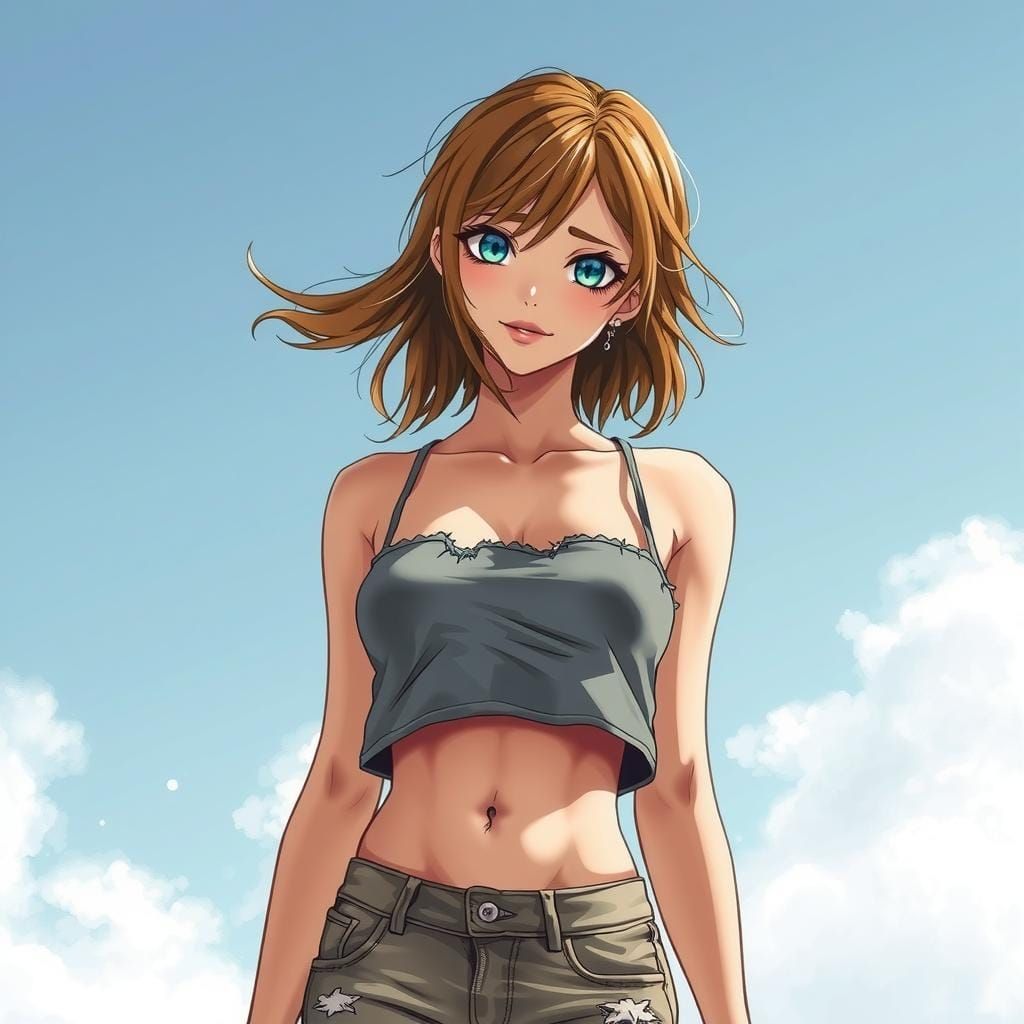 a young anime woman in her twenties, looking at the camera. brown hair blown by the wind, rosy cheeks, green eyes and a very warm, friendly...