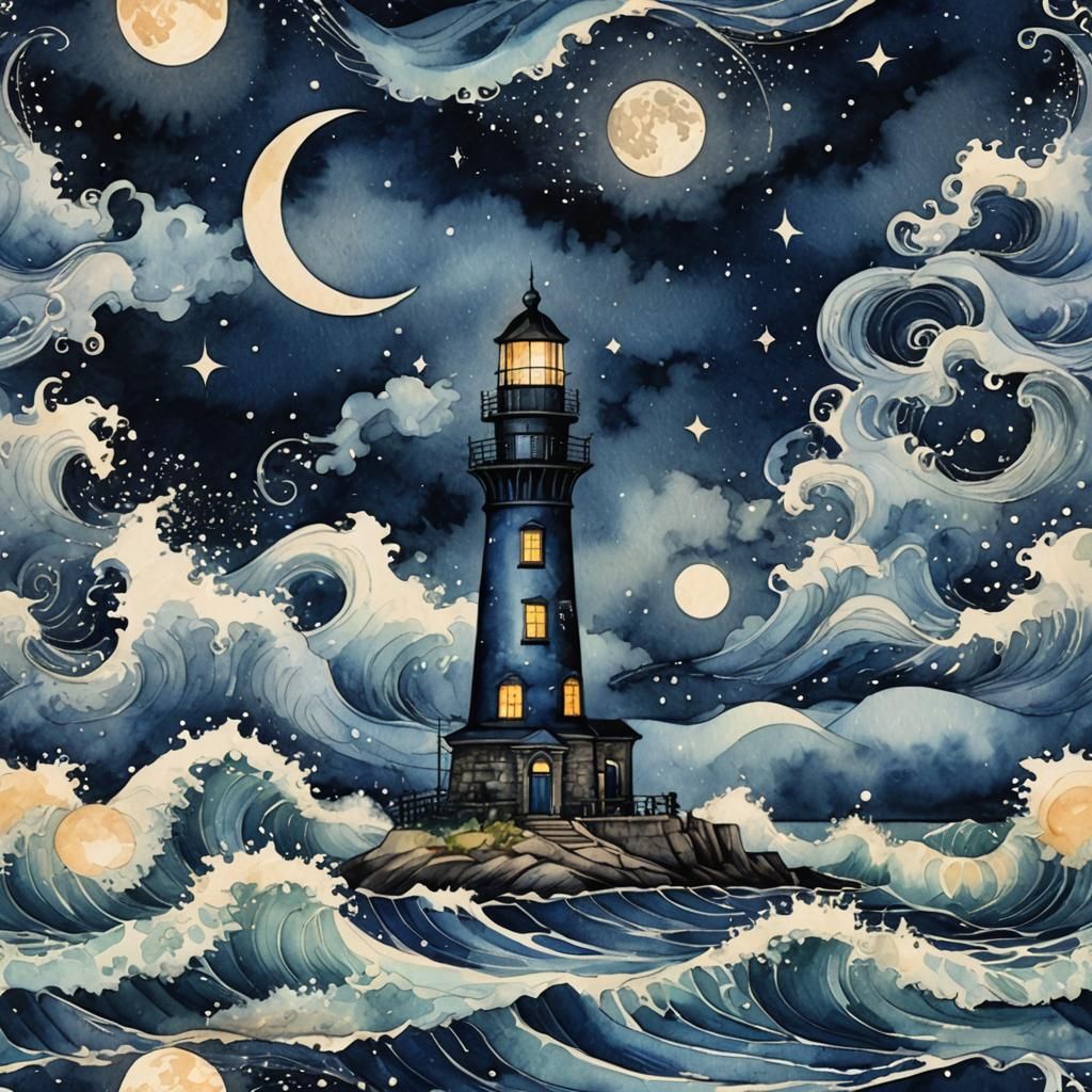 Dreamy Midnight Lighthouse Scene in Vibrant Ink Sketch Style