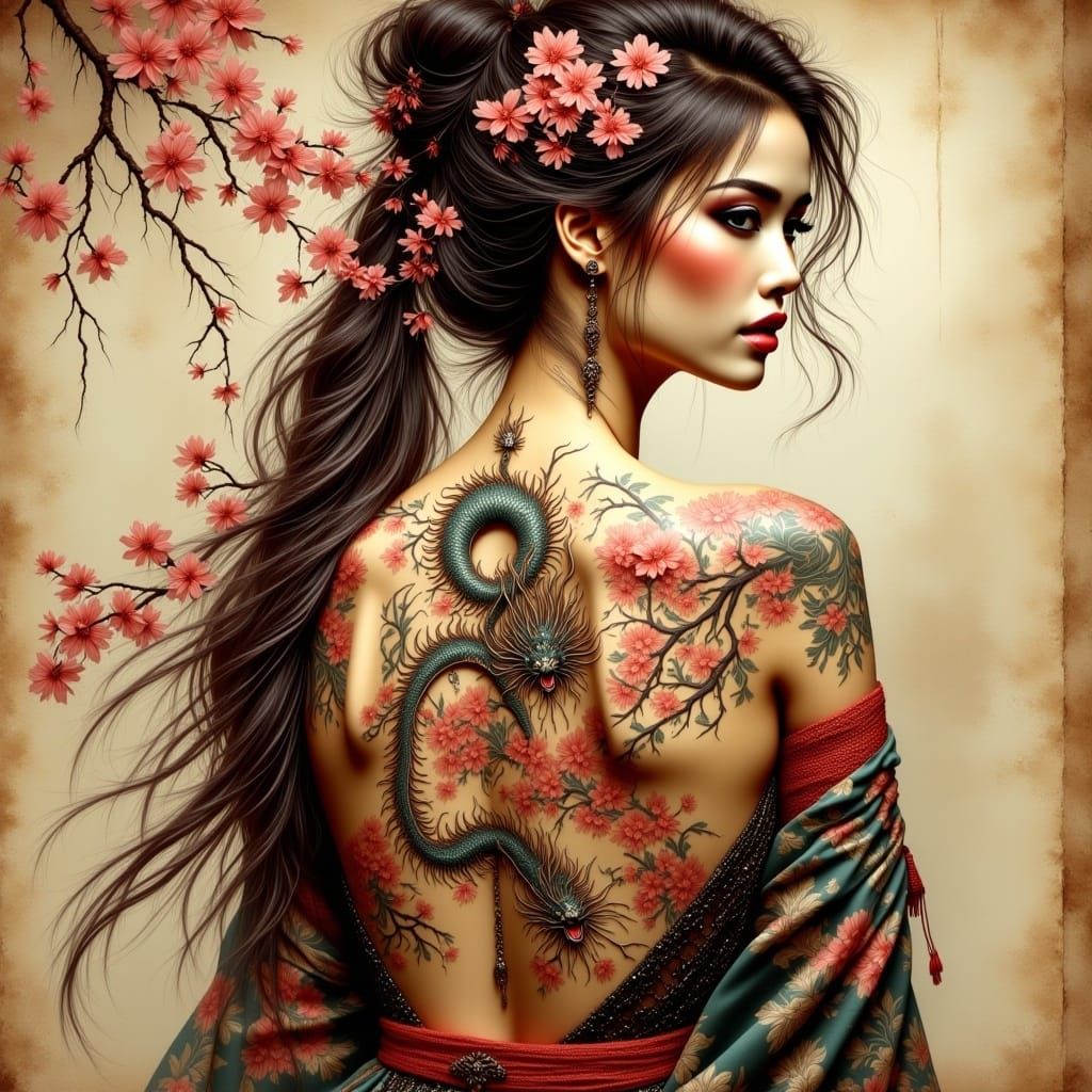 New Lora testing <lora:Antique Watercolor 2:1.0> lora:Boho Ladies:1.0 lora:3D HD Portraits:1.0 *hyper detailed intricate hyper realistic full back tattoo* o...