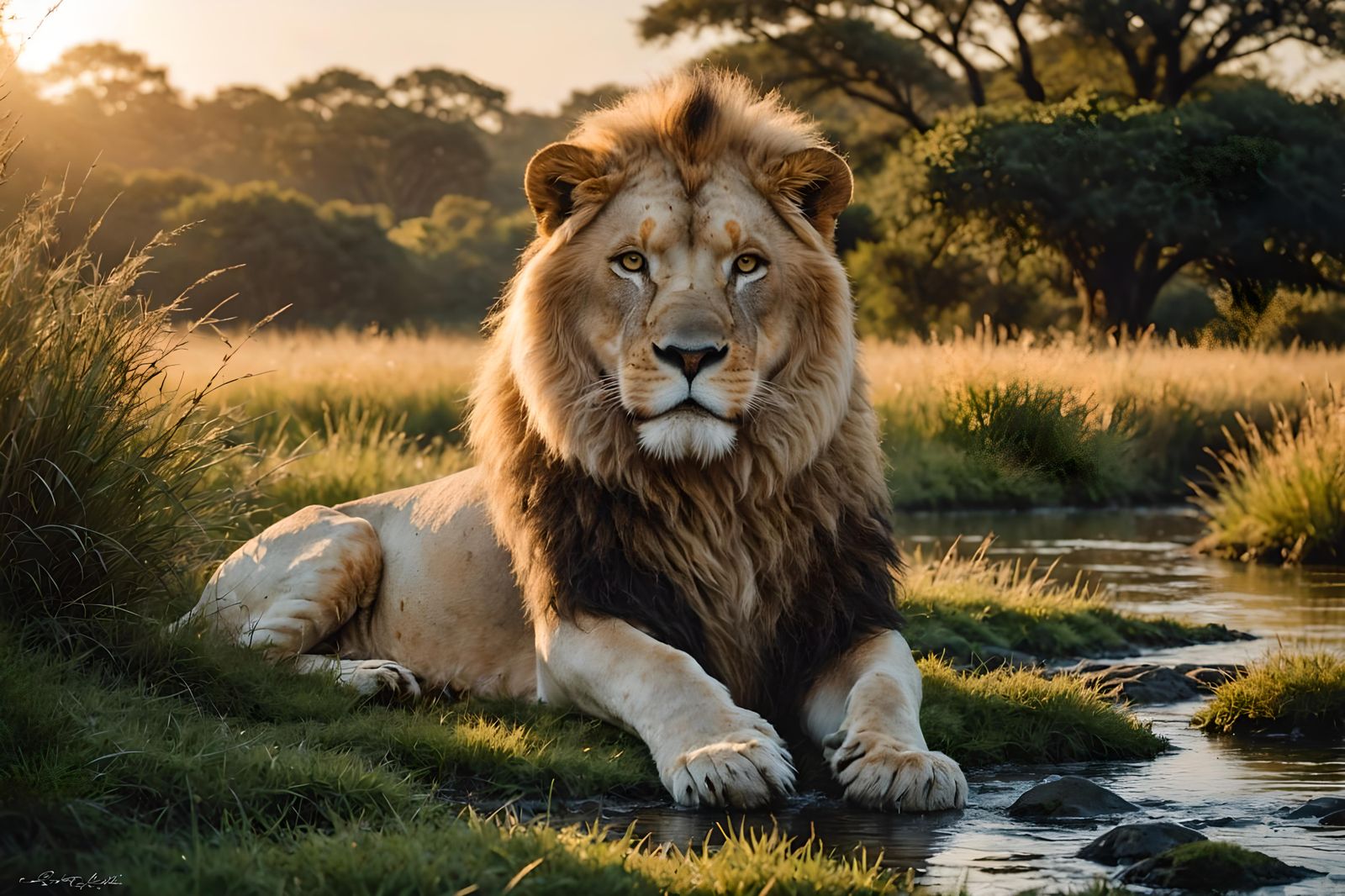 Robert Bateman, oil style, great white lion playing,  in african meadow, small river in  bush, sunset, ...  by @seikoshinko