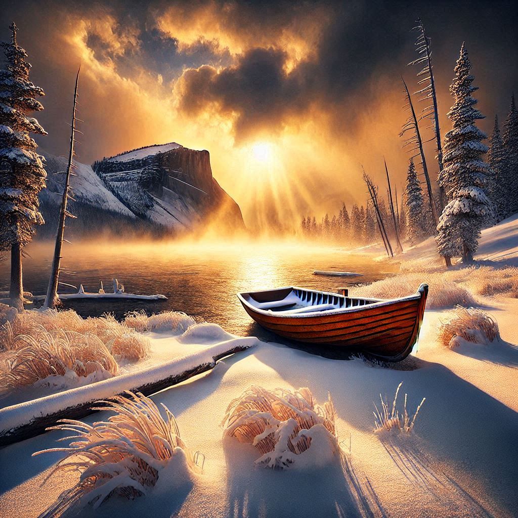 Wooden Boat on Lake Winter Sunset