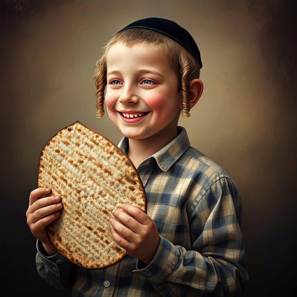 Happy Hasidic Boy Holds Traditional Matzah in Hyperrealistic...