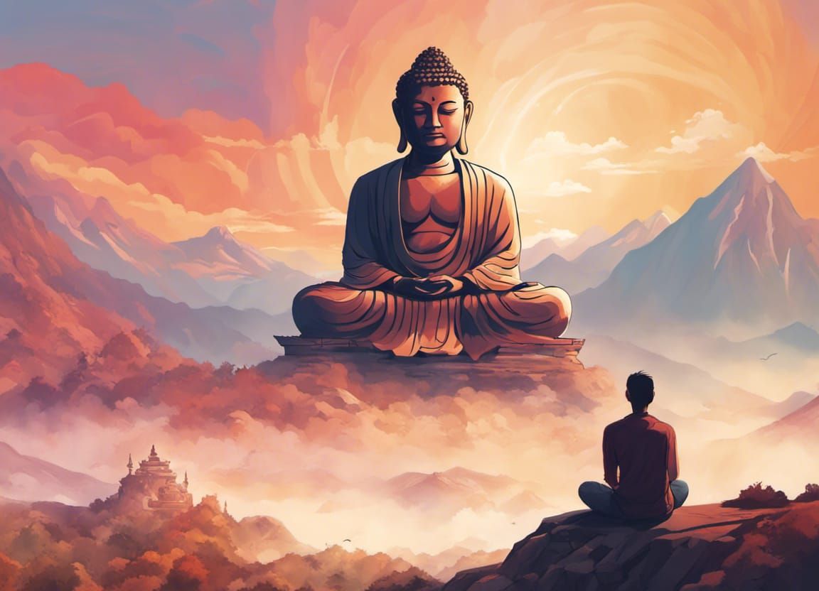 a man sitting in meditation, looking at a huge eye-closed Buddha statue on mountain in a distance, sunrise, story illust...
