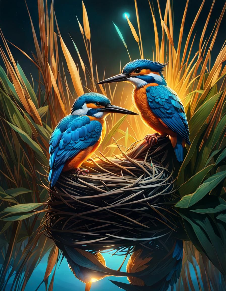 Two beautiful kingfishers as the sun sets casting a warm glow on their nest  by @Dave