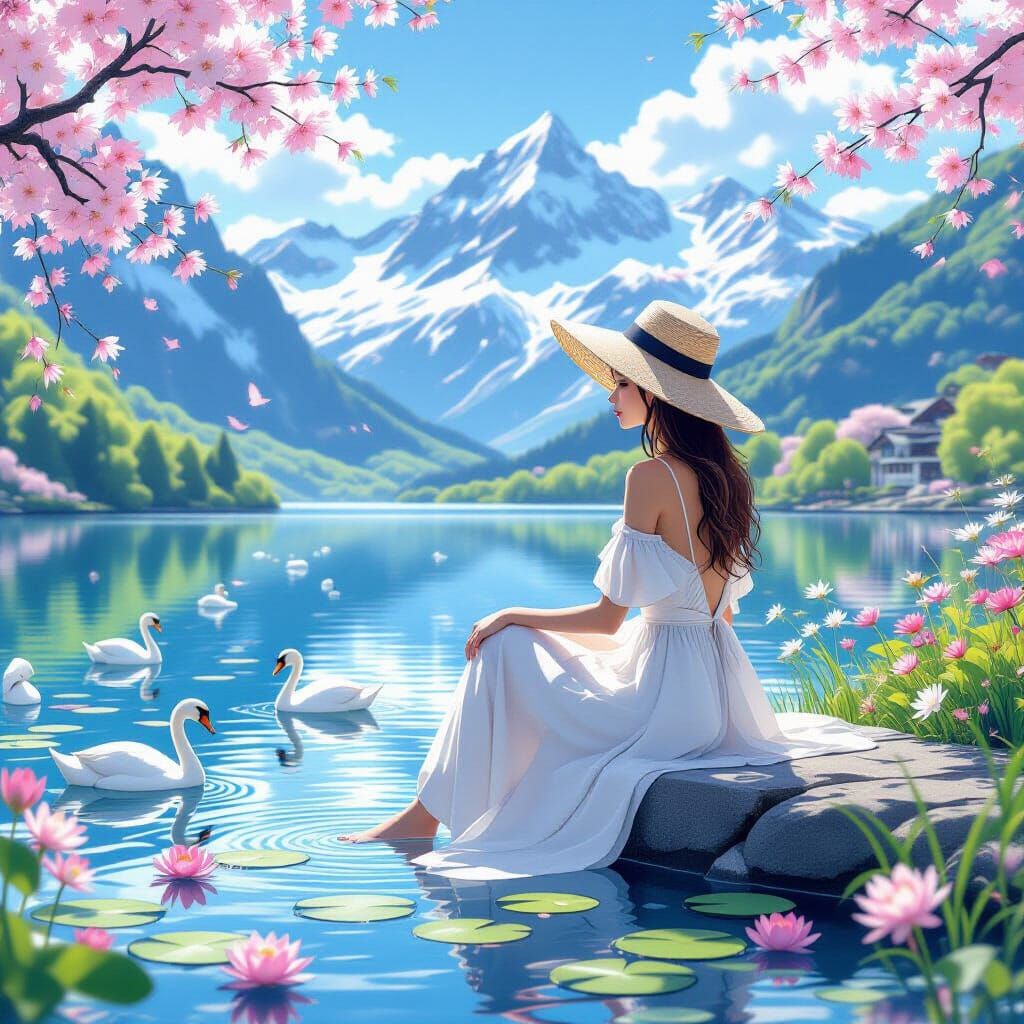 serene springtime scene in a lush mountain valley.   by @aya