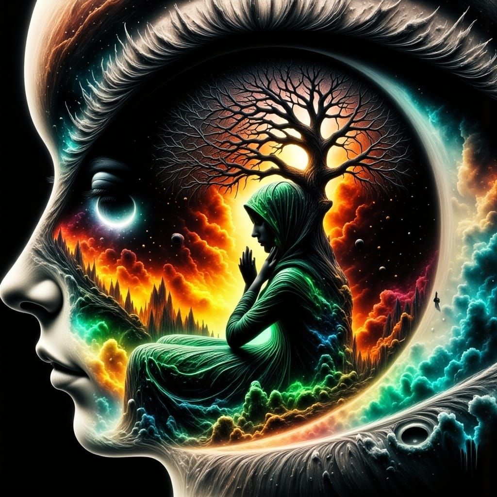 Mystical Figure in Hyperreal Landscape