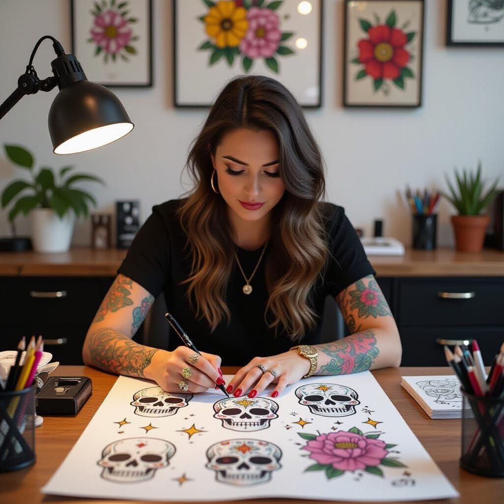 Tattoo Artist Drawing Flash Sheet in Pop Surrealism Style