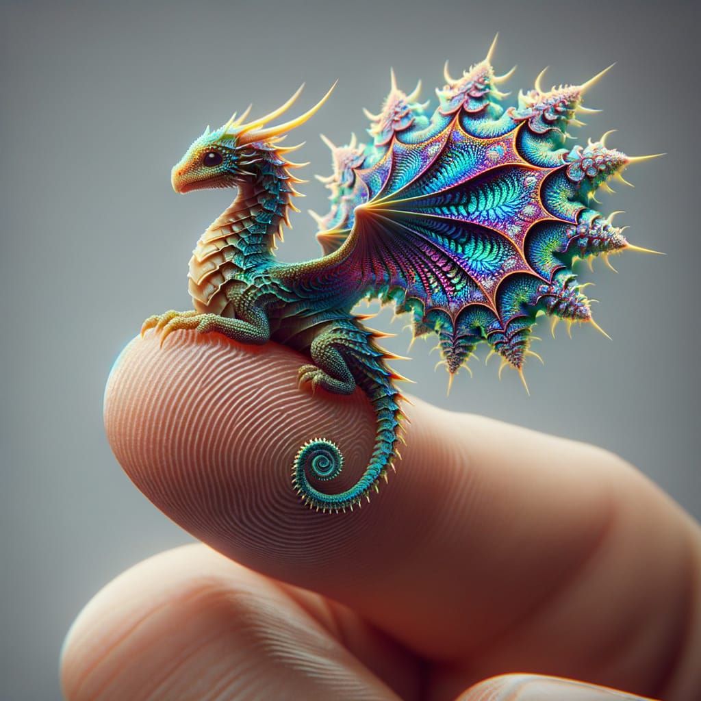 Tiny dragon with holographic scales in a heighdragon fractal curve pattern sits on a finger, with his ...  by @whiterose