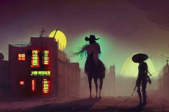 Neon Ominous Western Ghost Town in the Night Sky