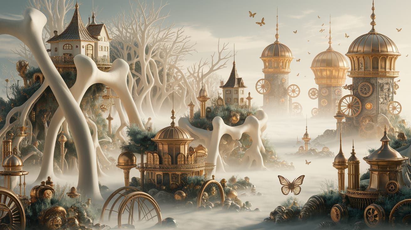 3D visualization of a surreal biomorphic steampunk landscape in soft early morning light, inspired by Jean-Baptiste Monge.
The terrain is co...