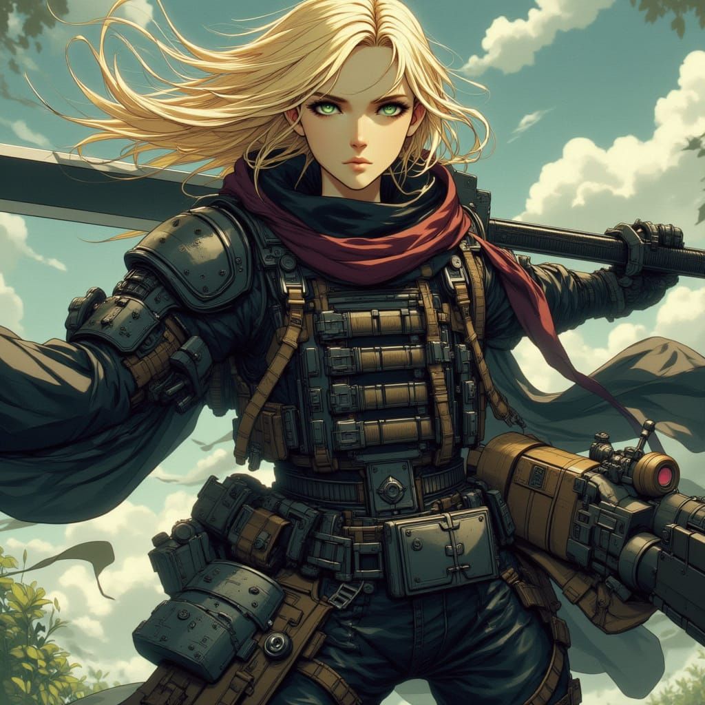 <lora:Studio Academia:1.0> blonde hair female. front face profile. manga. attack on Titan in modern outfit. pale skin ..studio Trigger. shot...