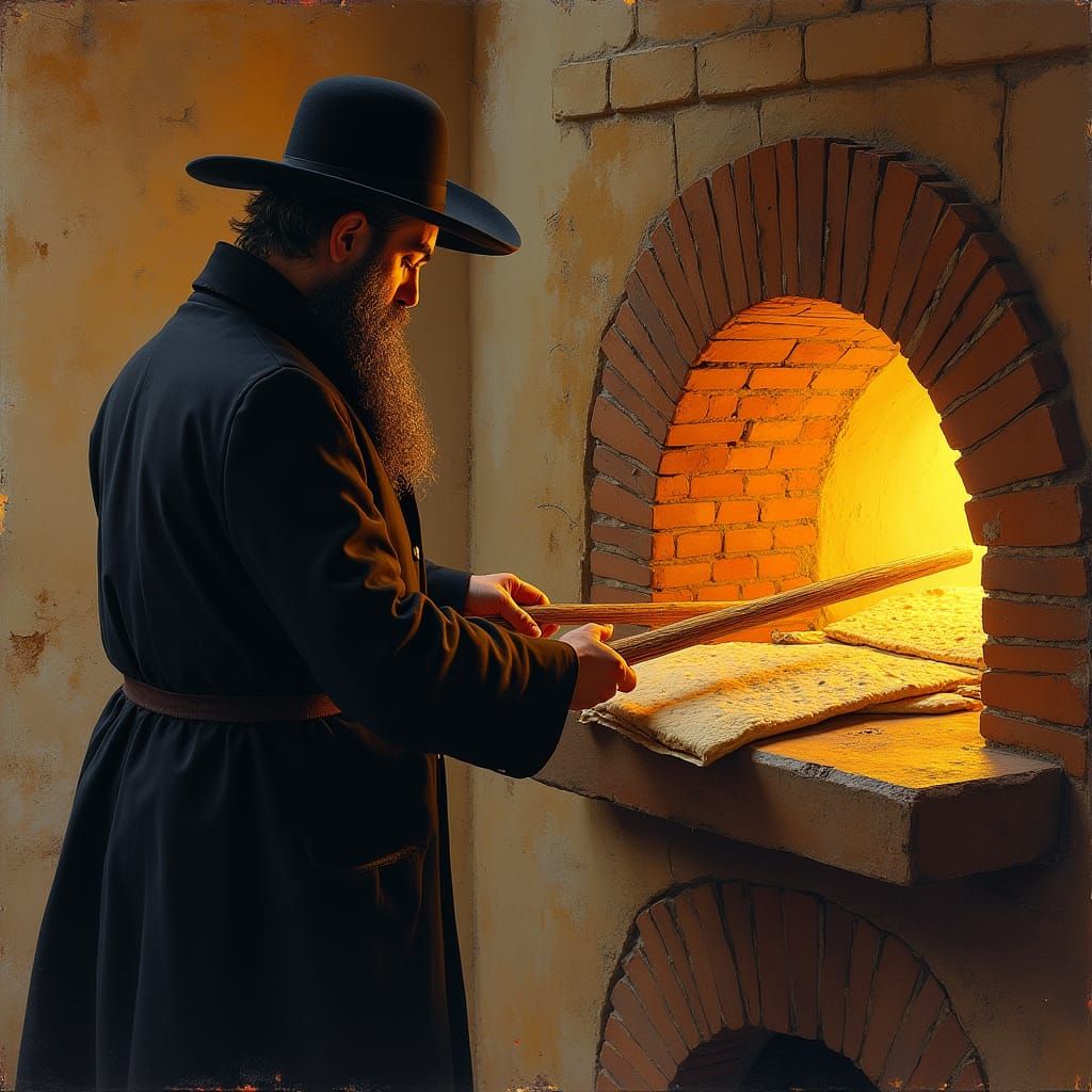 Hasidic Man Places Matzah in Brick Oven with Warm Golden Lig...