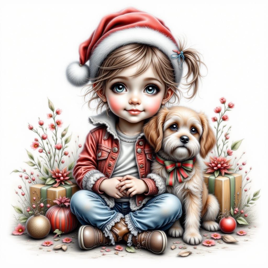 Adorable Boy with Puppy, Christmas Theme