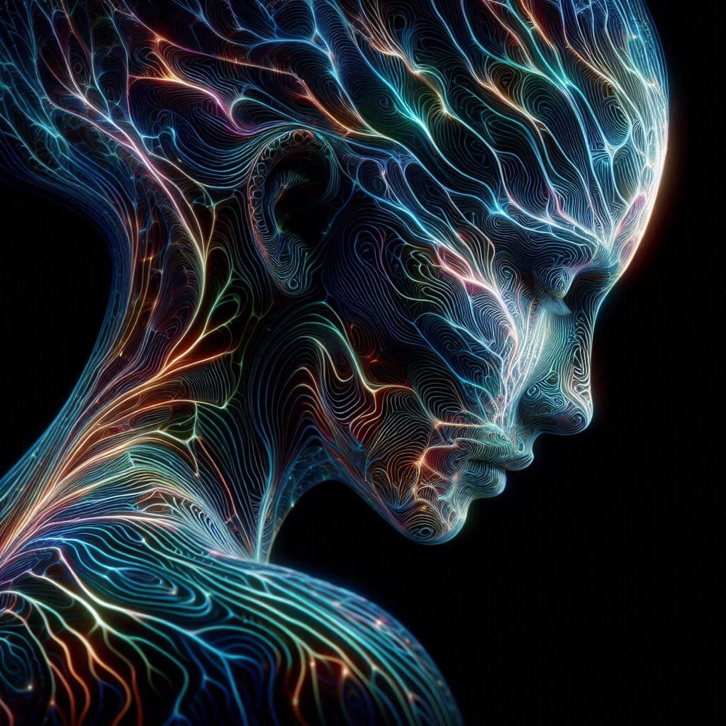 A pattern of fluorescent lines on a female silhouette