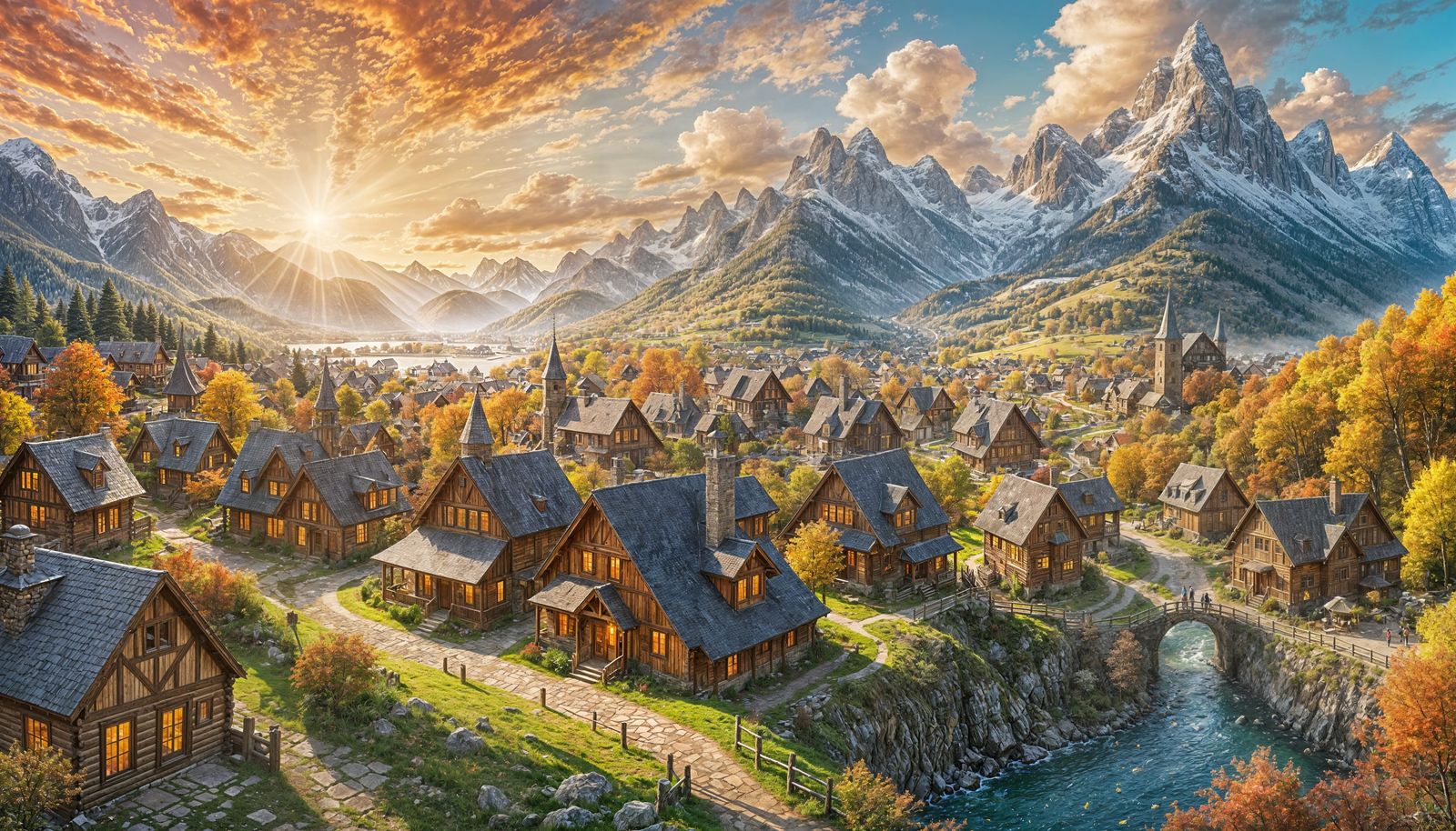 Fantasy Village at Sunset Gothic Painting Style