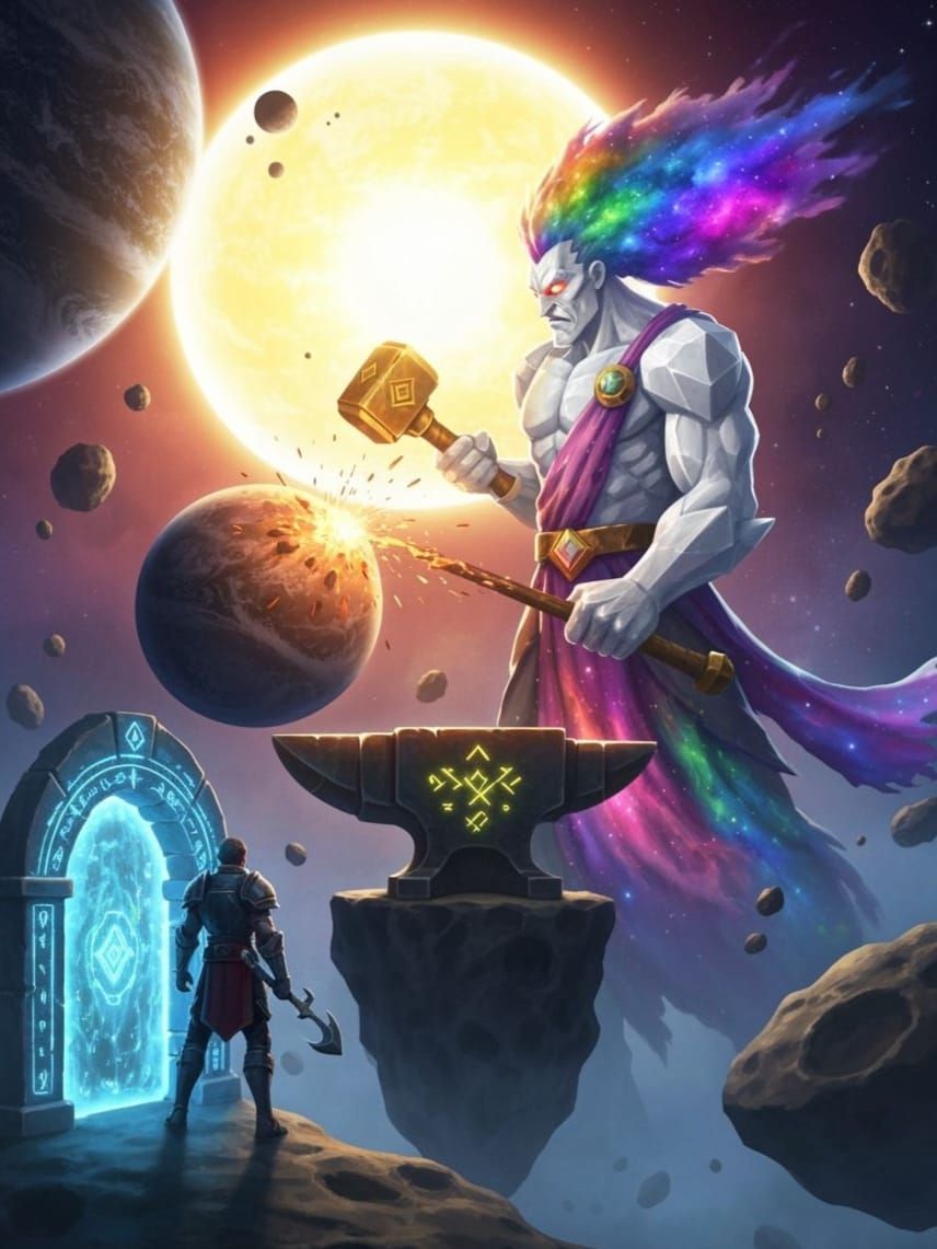 Extreme close up Behind armored caped fantasy magical human standing on asteroid beside arched magic portal stone with glowing runes, human ...