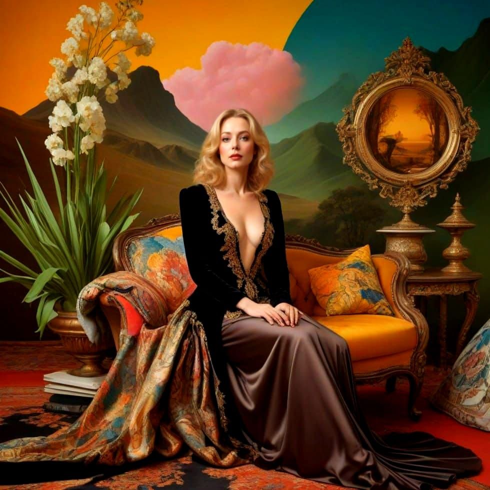 Enigmatic Lady in Vibrant Surreal Landscape