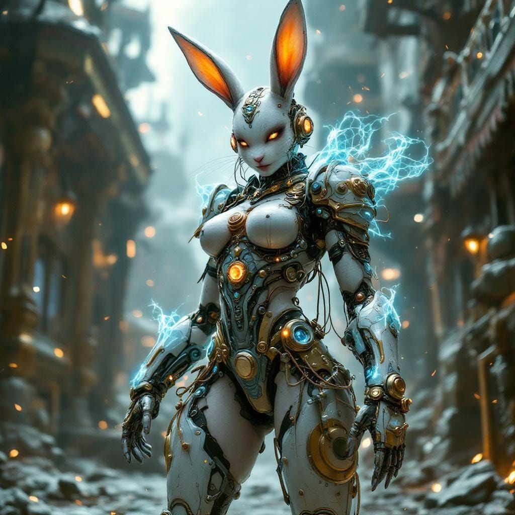 Steampunk Celestial Rabbit Girl with Prosthetic Limbs