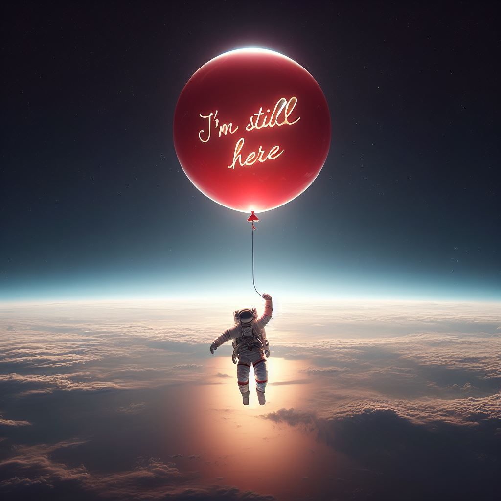 stranded Astronaut in exosphere holding on balloon saying “I...