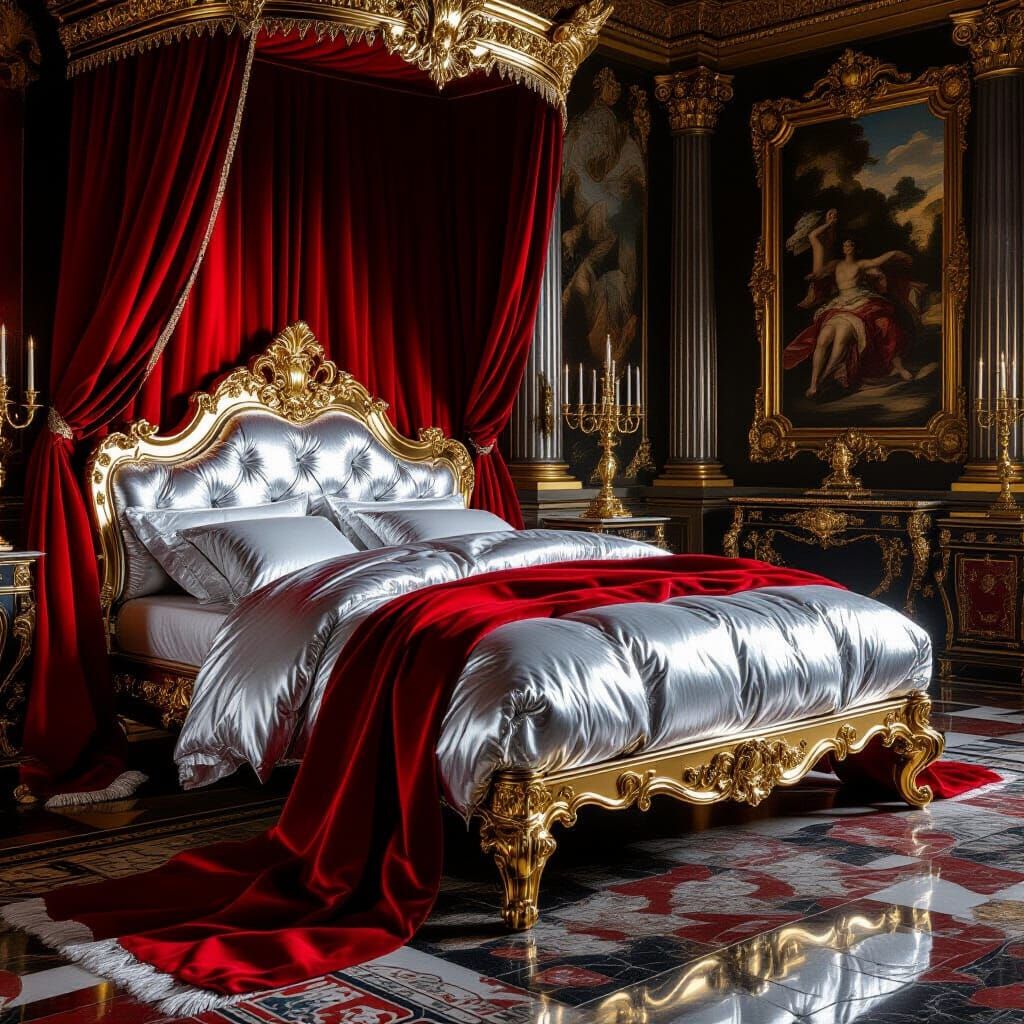 Opulent Baroque Bed and Chariot in Dramatic Light