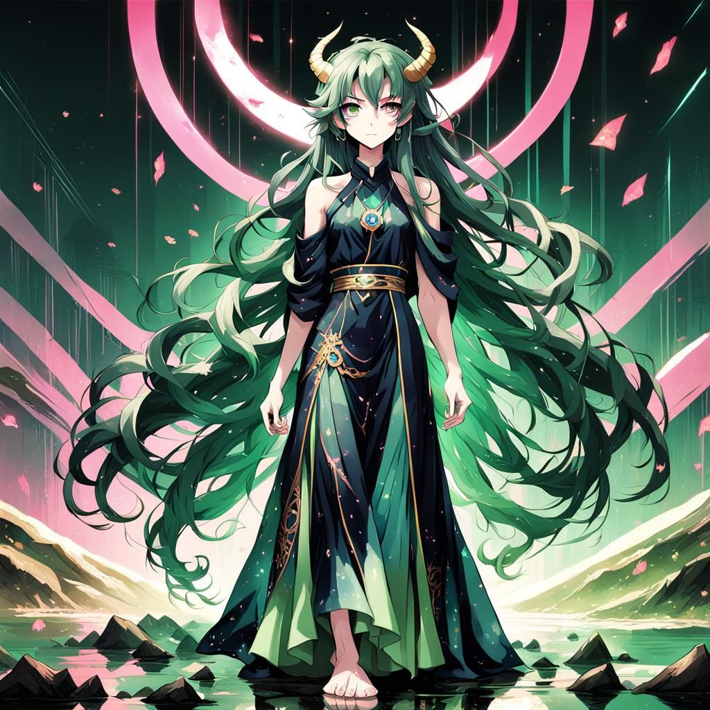 Appearance:
•	Height: Petite.
•	Hair: Long, curly hair that cascades down to her ankles, its base color a dark green with subtle blue highli...