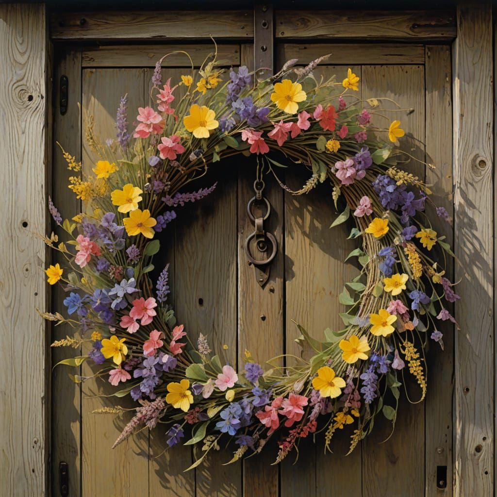 A colorful wreath made of wildflowers, hanging on a rustic door.  by @Ethan Ikediashi