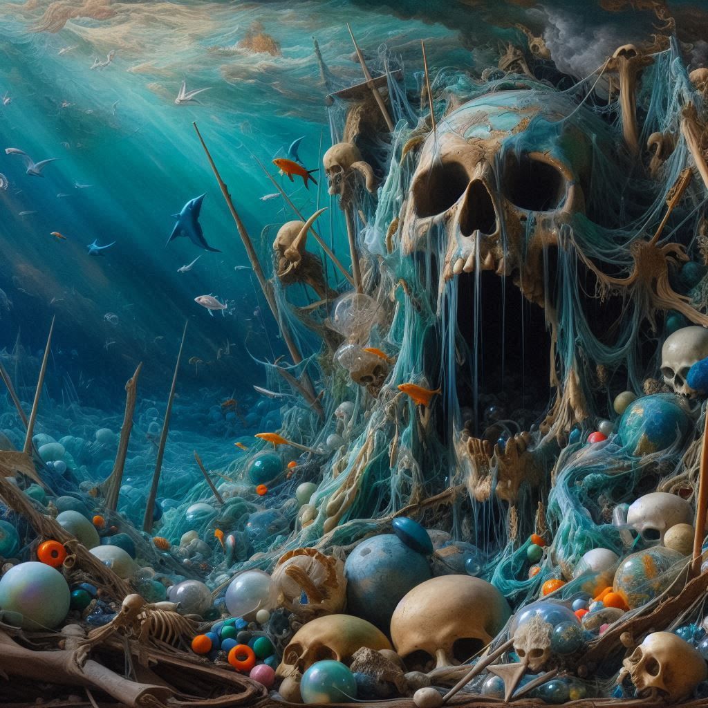 The ocean chokes, a plastic grave, A world once lush, now co...