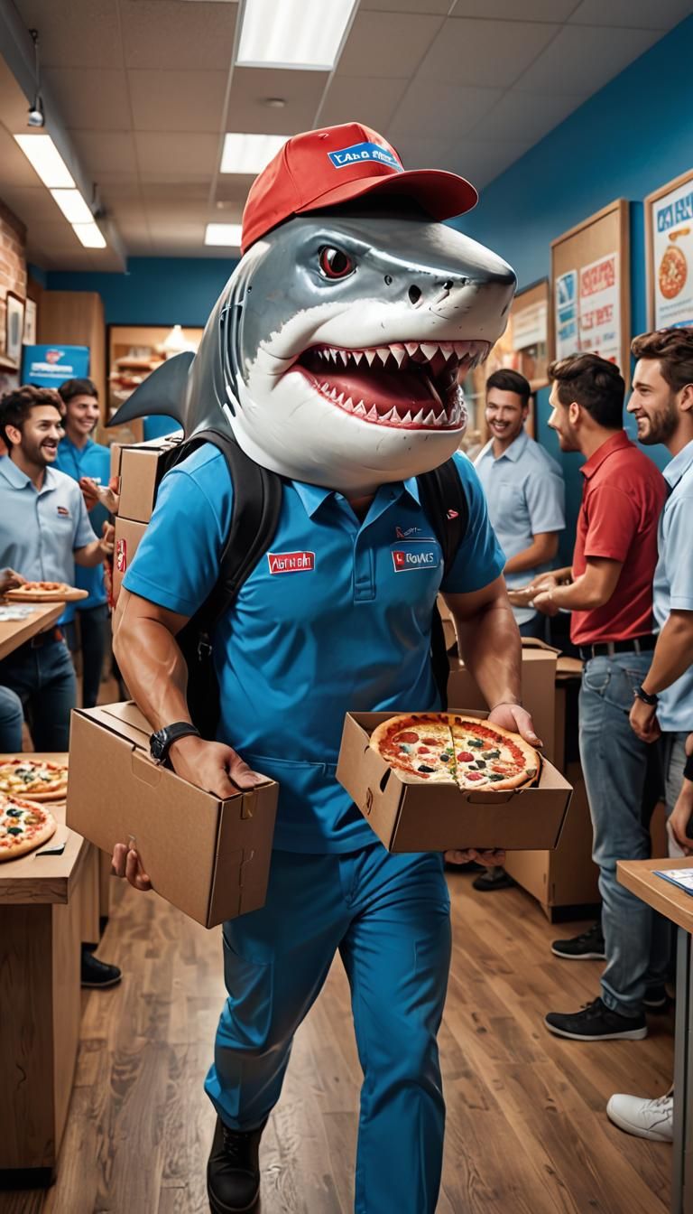 Landshark Pizza Delivery Shark carrying two xlarge pizza boxes, making