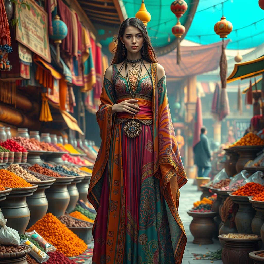 Mystical Woman in Middle Eastern Marketplace, Digital Art