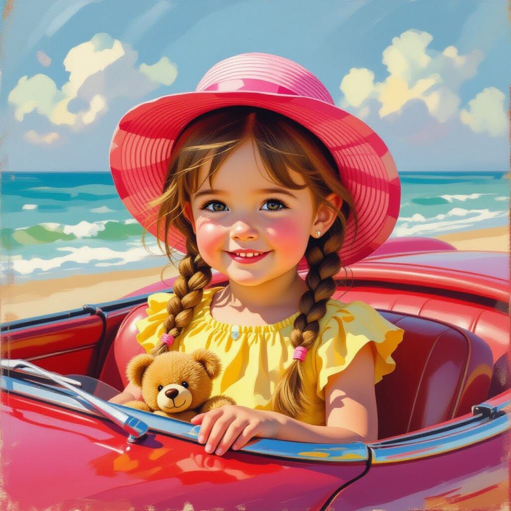 Cute Girl in Red Convertible, Impressionist Style