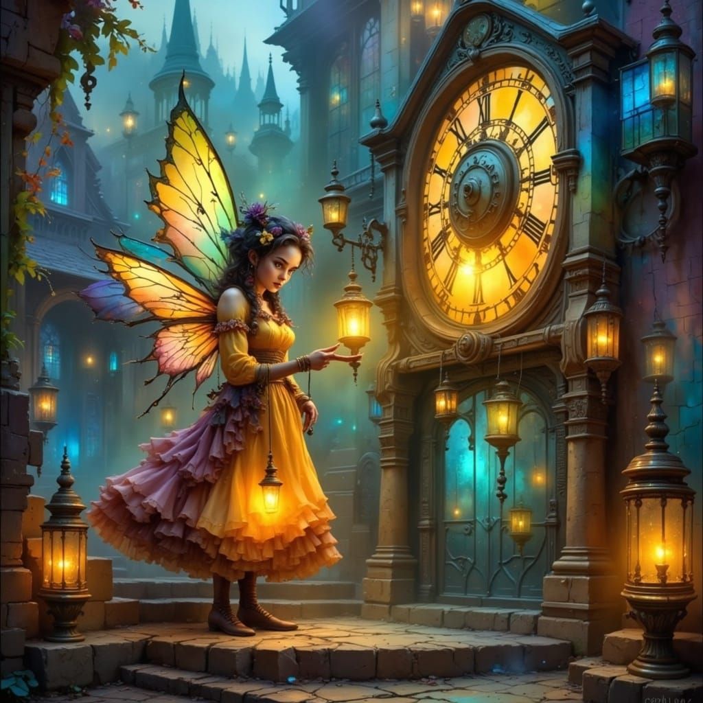 <lora:Colorful-Flux:1.0>A striking blend of steampunk-like and fairy aesthetics, creating a whimsical and technologically advanced atmosphe...