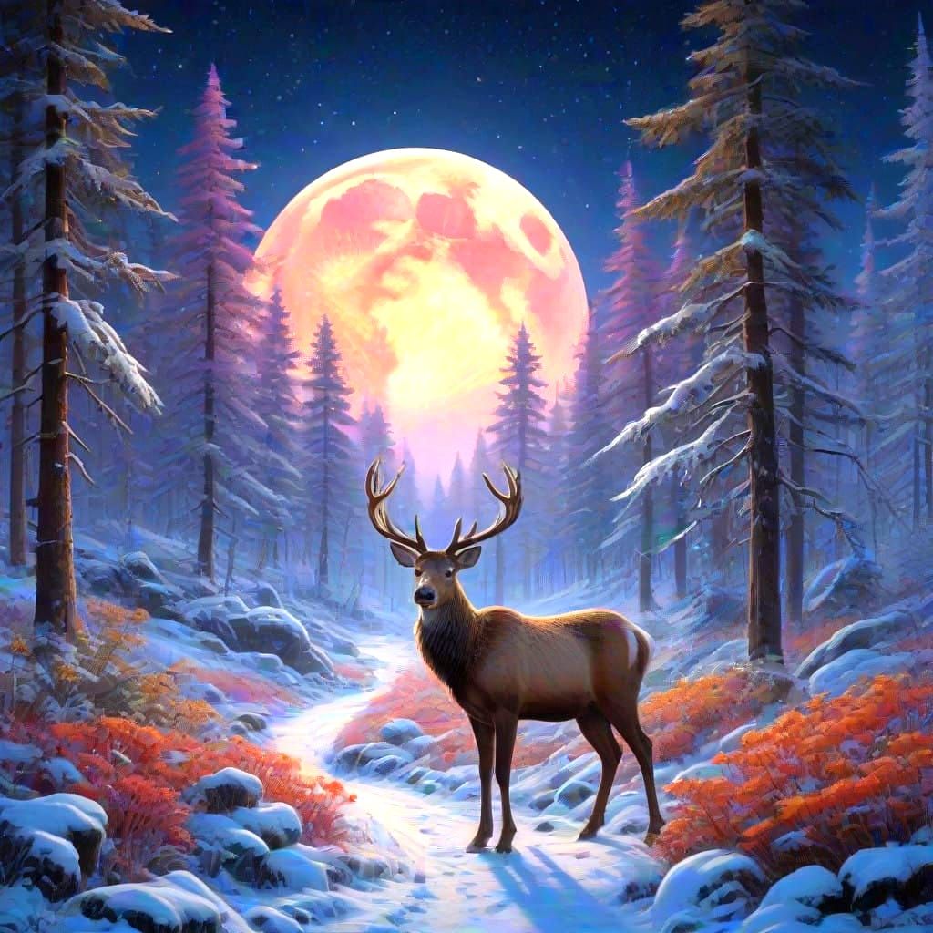 Reindeer in front of full moon
